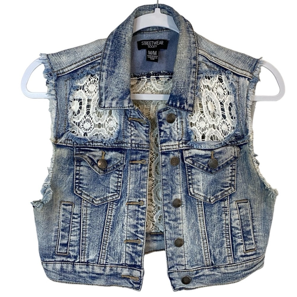 Streetwear Society - Acid wash/Lace Crop denim vest - M China